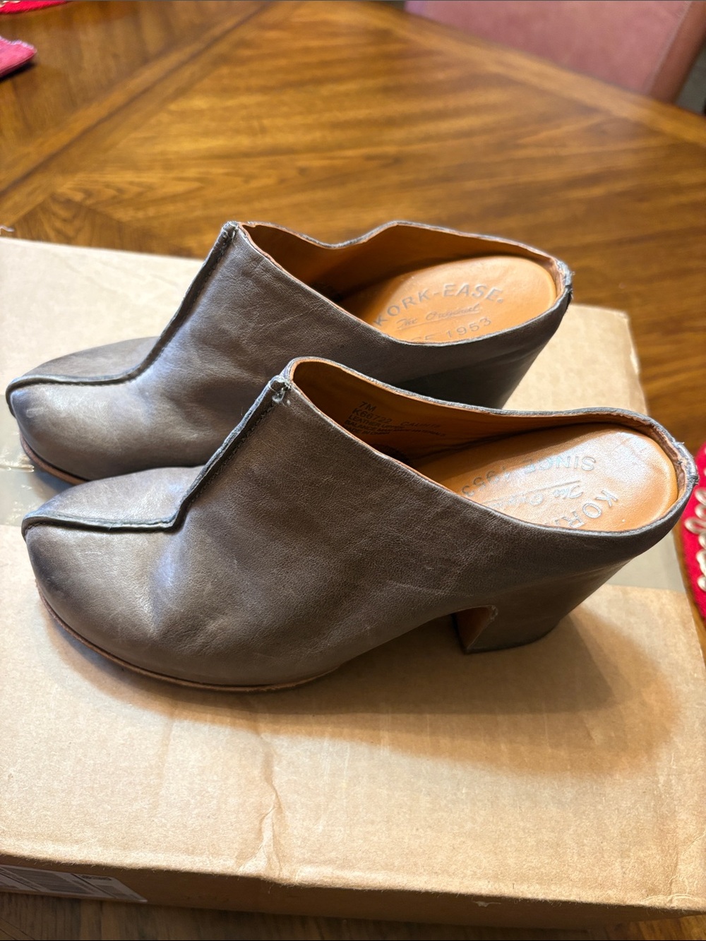 Kork-Ease Taupe Leather Slip-On Mule Heels